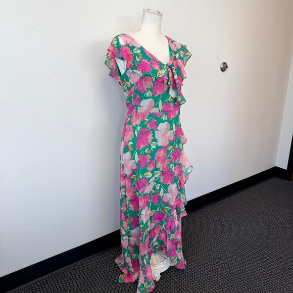 London Times Sleeveless Floral Ruffle Wrap Asymmetrical Hem Maxi Dress Sz 8 NEW - Picture 2 of 15